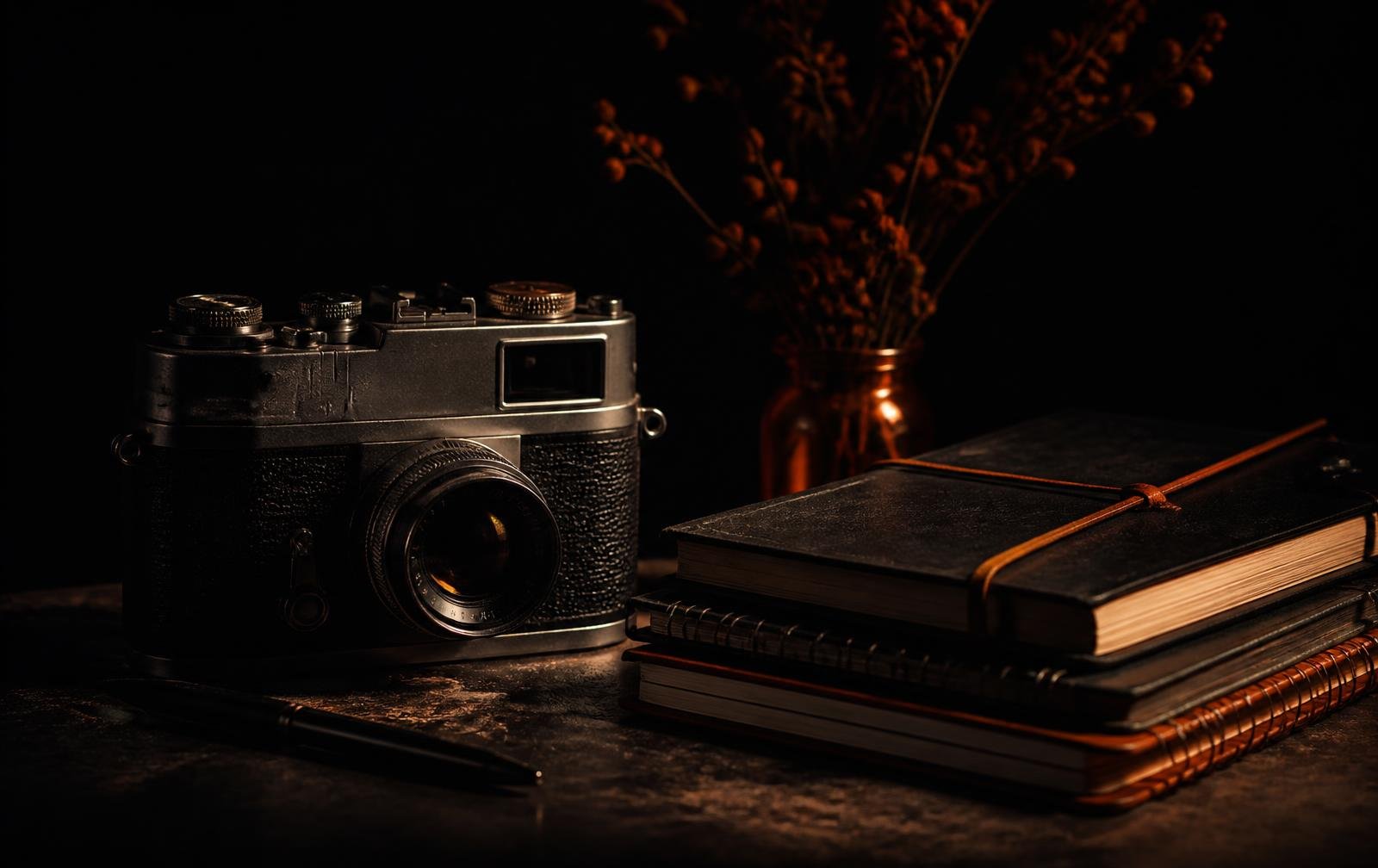 Camera and notebooks under a single warm light