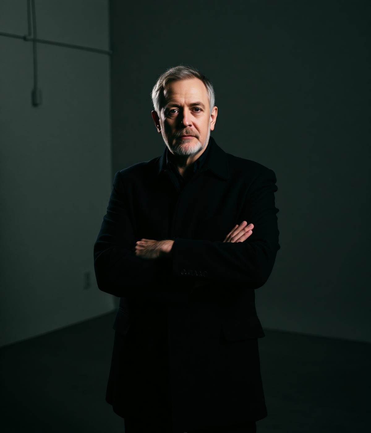 Founder in a dim studio reviewing work on a monitor